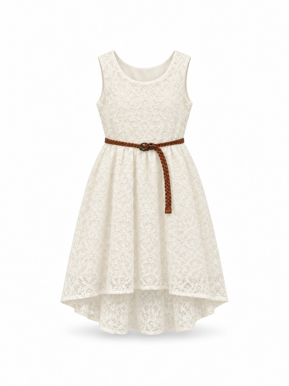 Place Cream Lace High-Low Dress with Brown Braided Belt